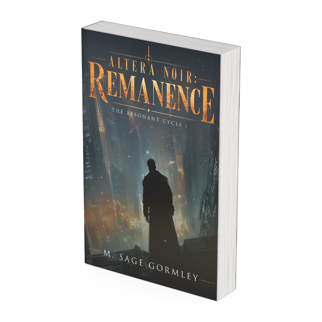 Three-dimensional paperback mockup of Altera Noir: Remanence by M. Sage Gormley