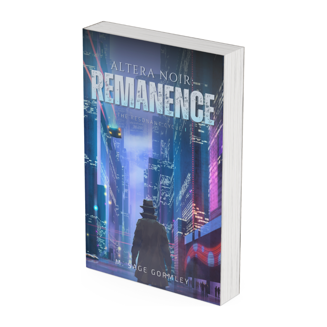 Three-dimensional paperback mockup of Altera Noir: Remanence by M. Sage Gormley